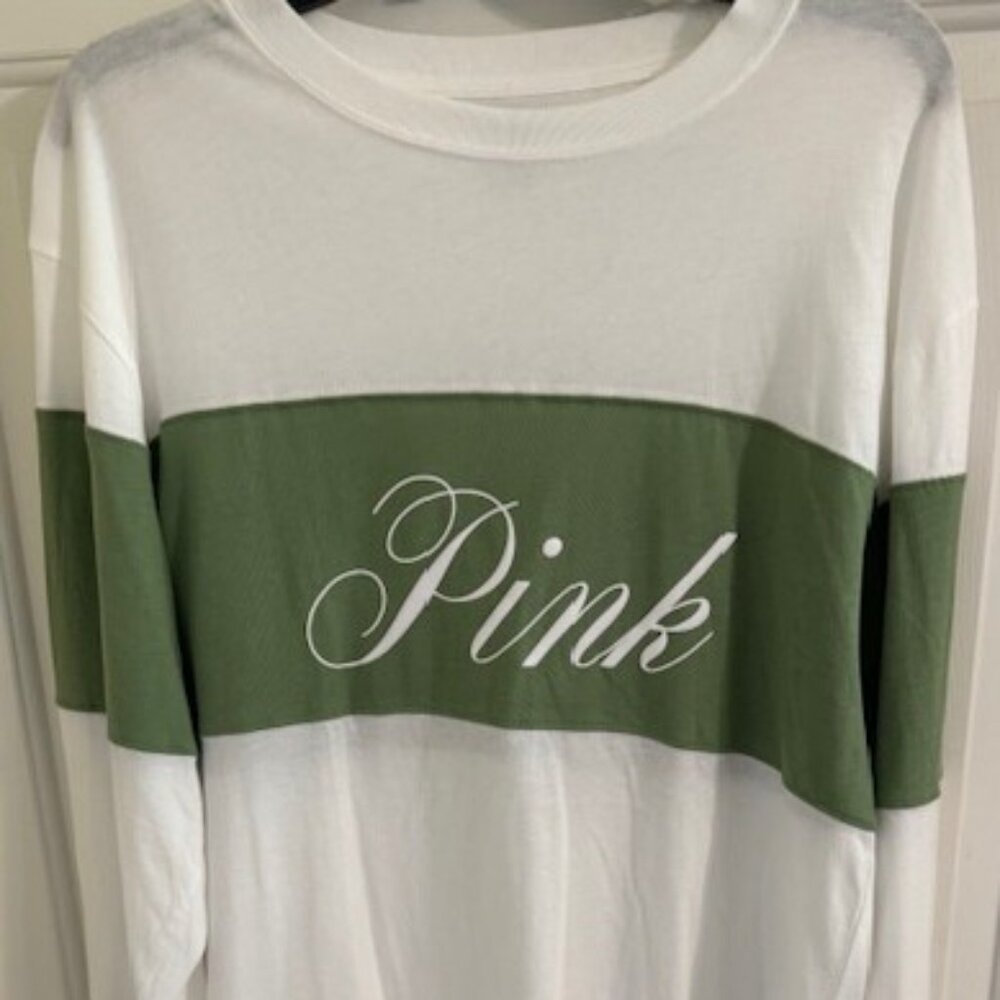 NWT Victoria’s Secret PINK Campus Long Sleeve Tee White Green Logo Sz S